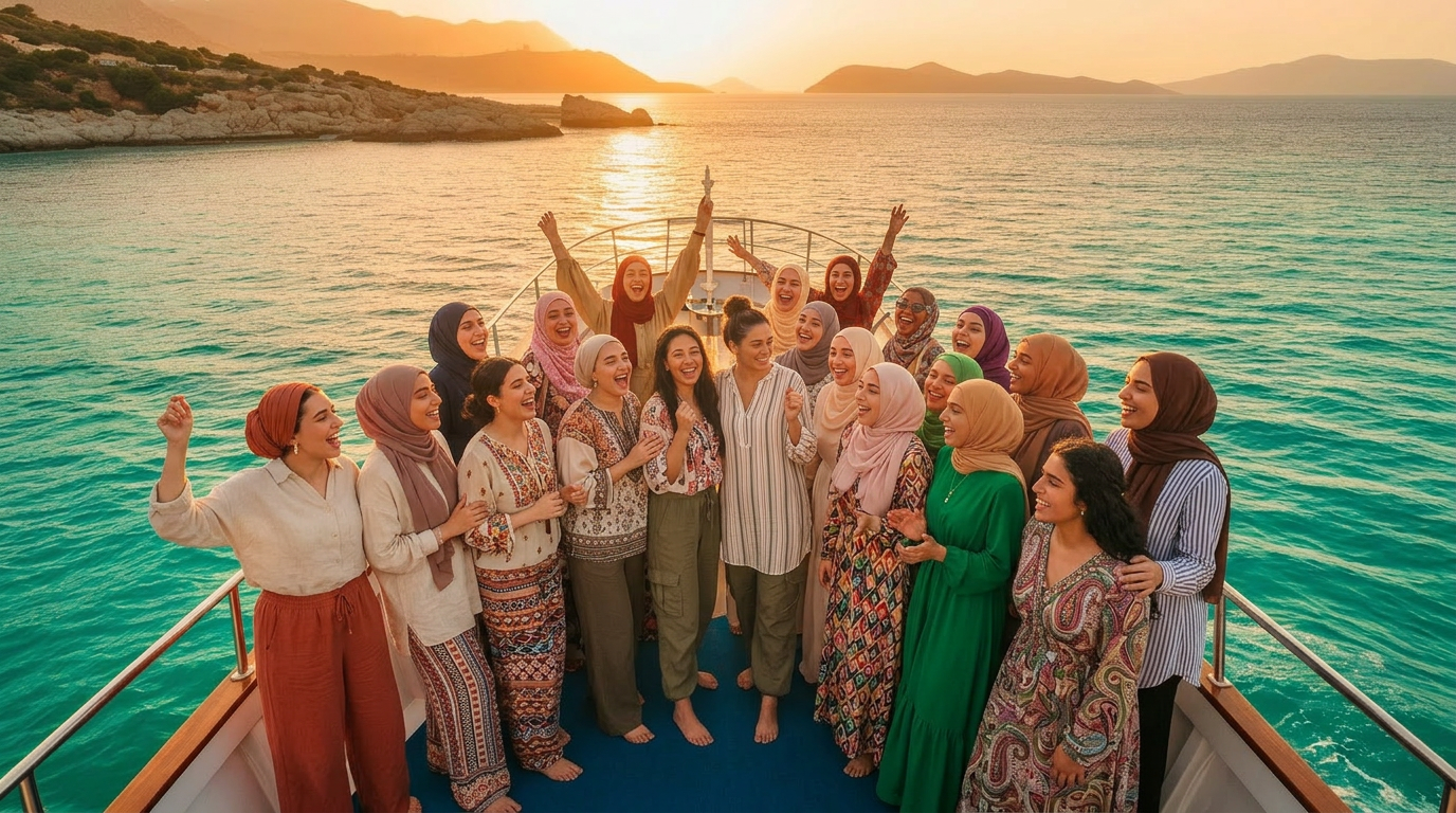 Muslim women in hijabs traveling together on a boat in turquoise waters